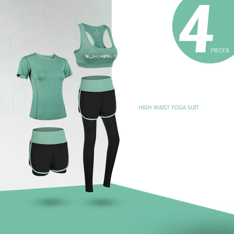 4 Piece Green Стоящий женский спортивный костюм для йоги, набор спортивной одежды для спортзала, фитнеса, костюм для бега, бега, тренировок, тренировочная одежда, комбинезон - Цвет: 4 Piece Green