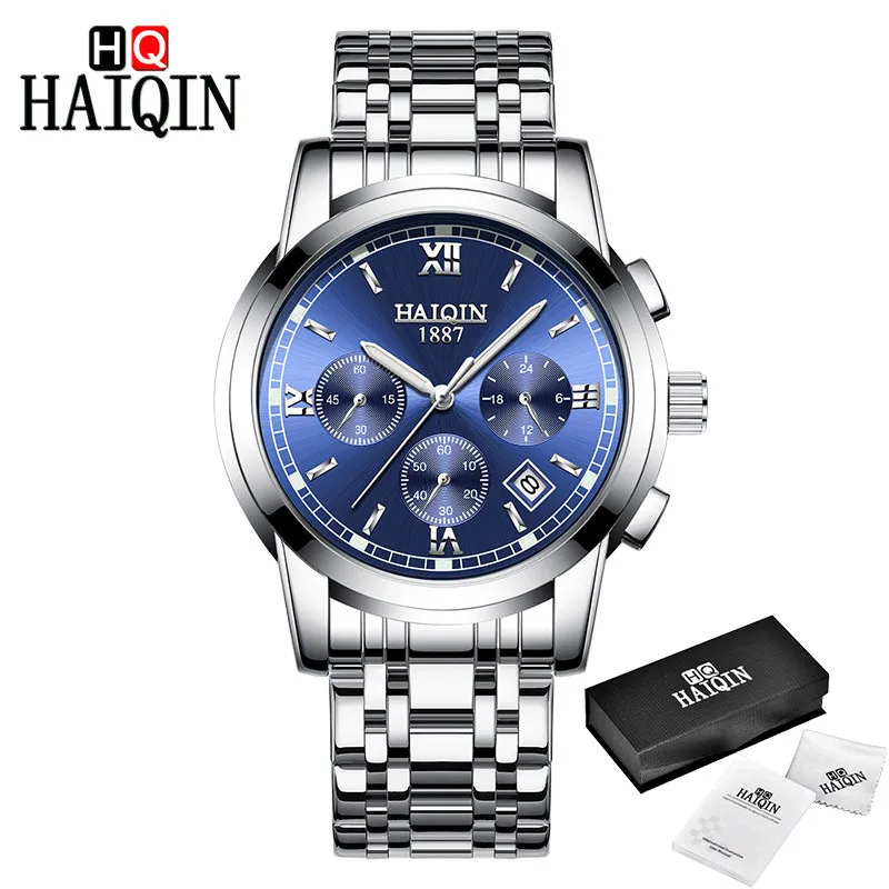 Blue HAIQIN часы Для мужчин Топ Элитный бренд хронограф Для мужчин спортивные часы Водонепроницаемый полный Сталь кварцевые наручные часы Relogio Masculino - Цвет: Blue