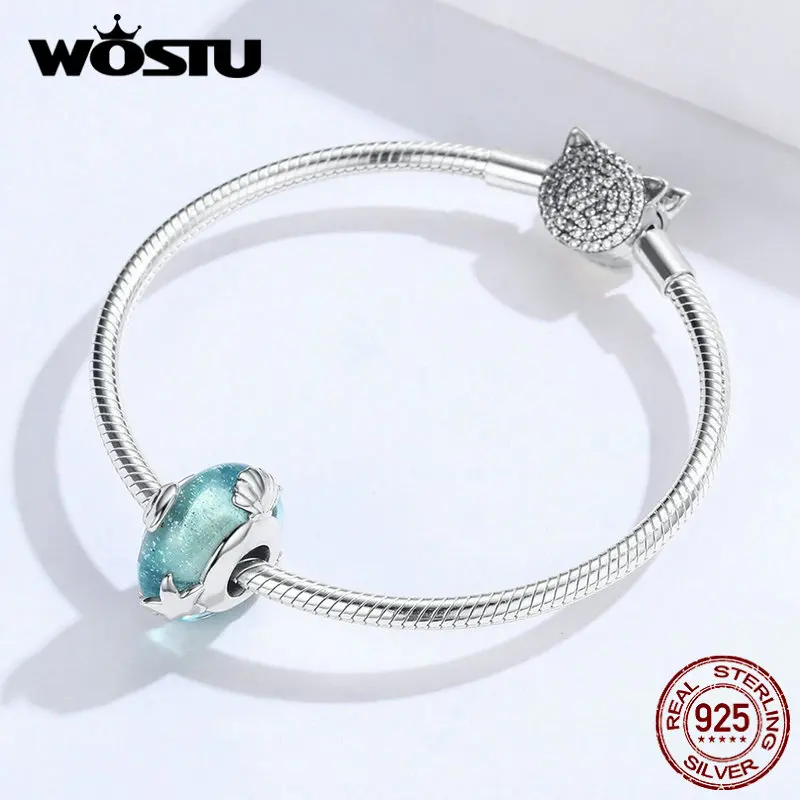WOSTU, муранское стекло, морская звезда, ракушка, синие Бусины, 925 пробы, серебро, шарм, подходит к оригинальному браслету, подвеска, Мода 925, ювелирное изделие, FIC1257