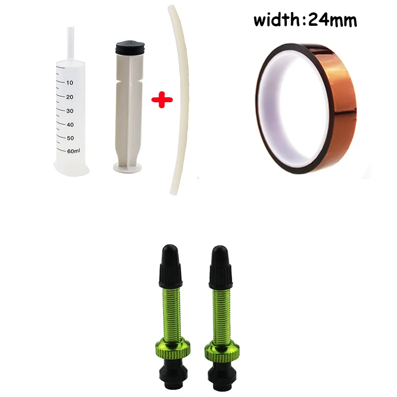syringe green 24mm Бескамерный герметик для велосипедных шин, 60 мл, шприц, комплект резиновых шлангов/велосипедные бескамерные клапаны/бескамерная лента для велосипеда, для горного велосипеда - Цвет: syringe green 24mm
