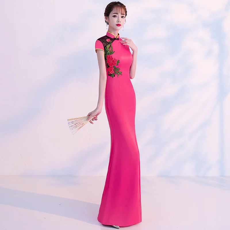 Ярко розовое весеннее длинное платье Чонсам в китайском стиле женское Ципао
