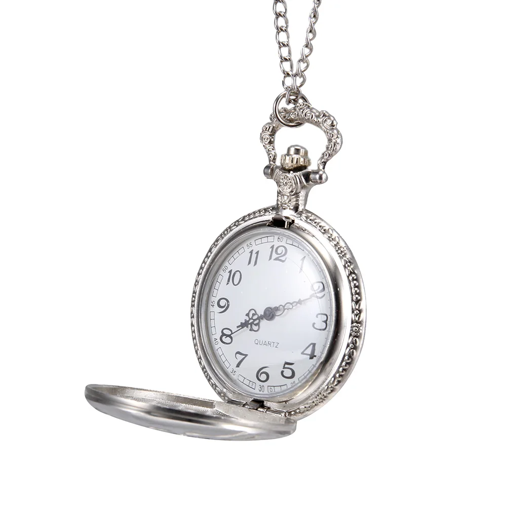 

1pc Men Women Quartz Pocket Watch Silver Color Truck Carved Case with Chain LXH