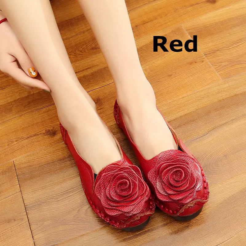 red DONGNANFENG/Женская обувь на плоской подошве; женская обувь для мам; лоферы на плоской подошве из натуральной коровьей кожи с цветочным узором; мягкая обувь в этническом стиле; Размеры 35-42 ANSL-8003 - Цвет: red