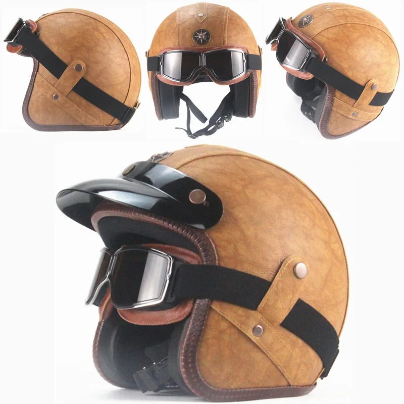 Brown Leather 2 Шлемы из искусственной кожи 3/4 мотоциклетный шлем Чоппер Велосипед Винтажный мотоциклетный шлем с goggle - Цвет: Brown Leather 2