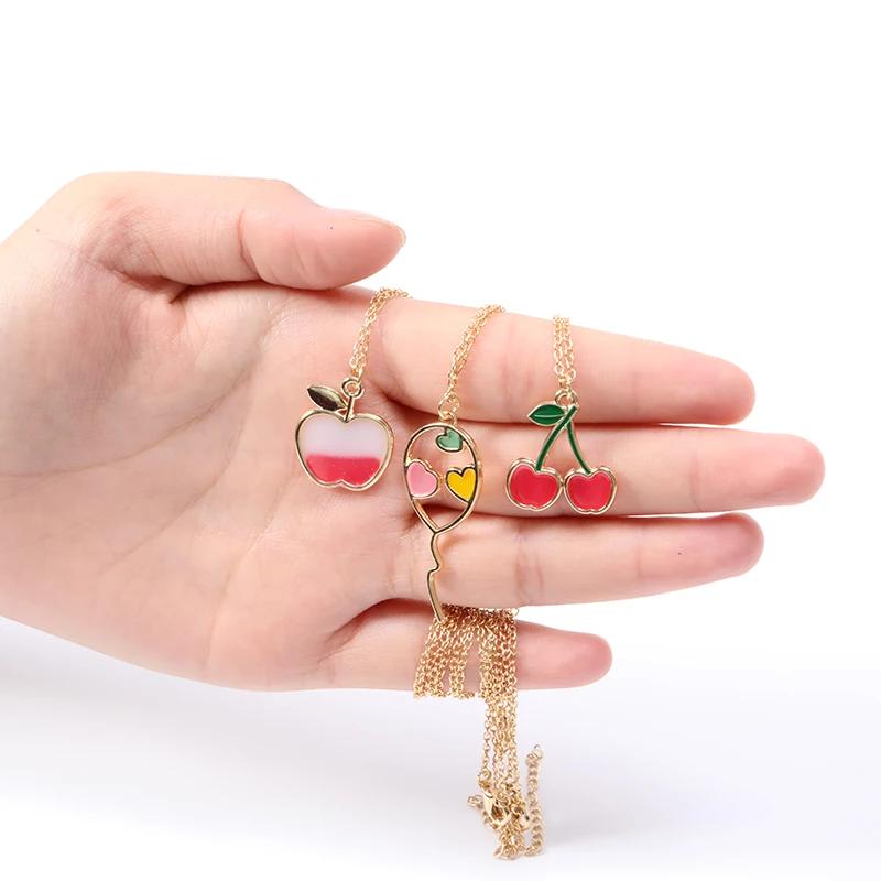 

Cartoon Enamel Colorful Fruit Apple love Necklace Colorful Flying Balloon with Hearts Necklace Red Color Cherry Chain Necklaces