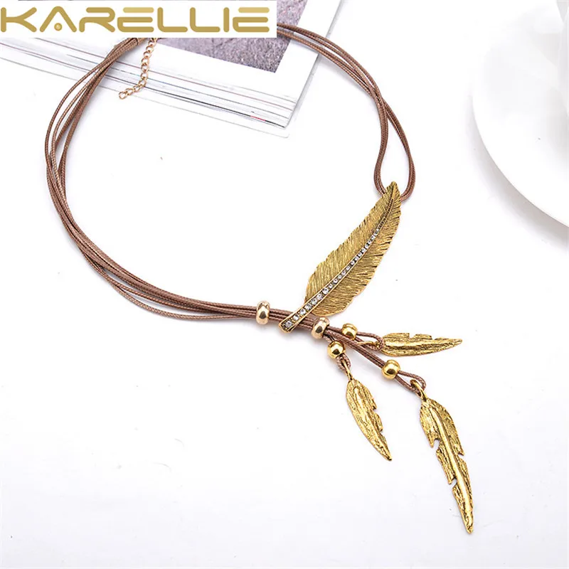 KARELLIE Vintage Jewelry Rope Chain Necklace Alloy Feather Statement Necklaces Pendants Women Accessories | Украшения и