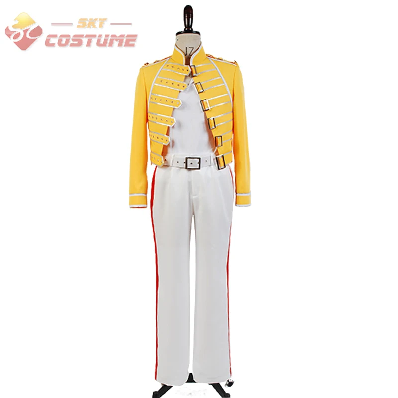 

Queen Lead Vocals Freddie Mercury Wembley On Stage Cosplay Yellow Jacket White Pant Costume Suit Full Set