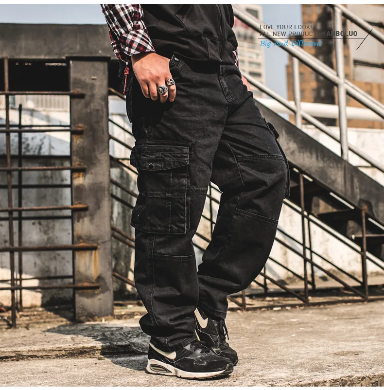 Джинсы-карго мужские с боковыми карманами Модные свободные брюки из денима - Фото №1