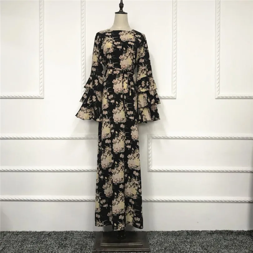 2020 мусульманское платье с цветочным принтом Abaya расклешенными рукавами