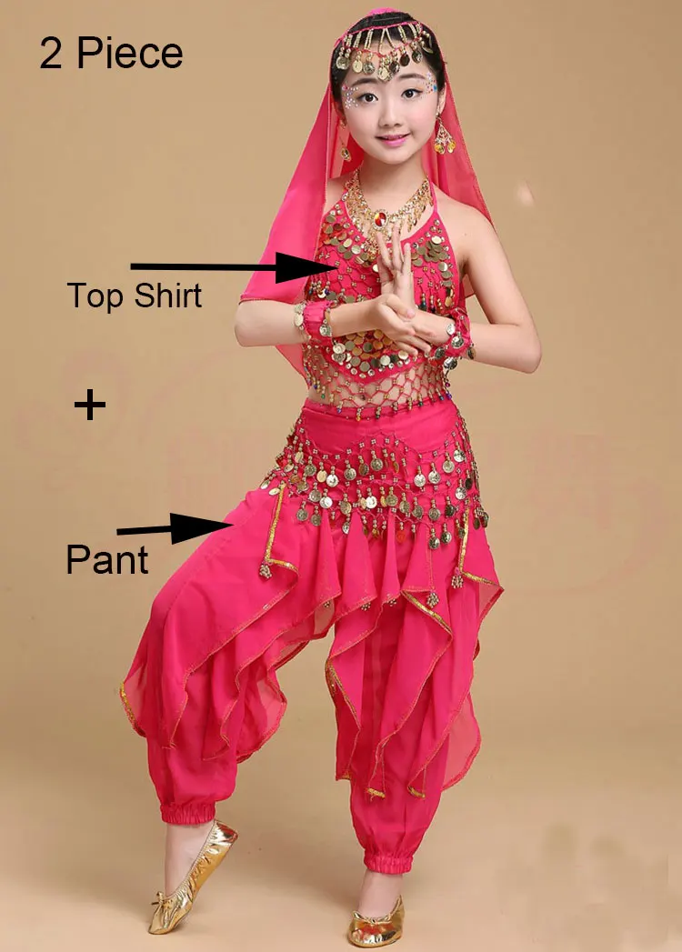 Hot Pink 2 Piece Костюм для танца живота для девочек, детское платье для индийского танца, Детские Танцевальные Костюмы Болливуда для девочек, танцевальная одежда для выступлений, 6 цветов - Цвет: Hot Pink 2 Piece
