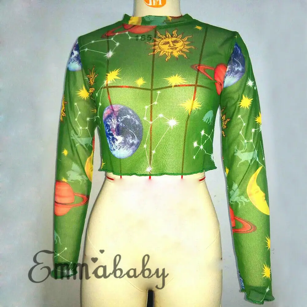 

Women Flower Blouse Tops Sheer Mesh Long Sleeve Crew Neck Blouse See-through Summer Transparen Tops Casual Party Clubwear