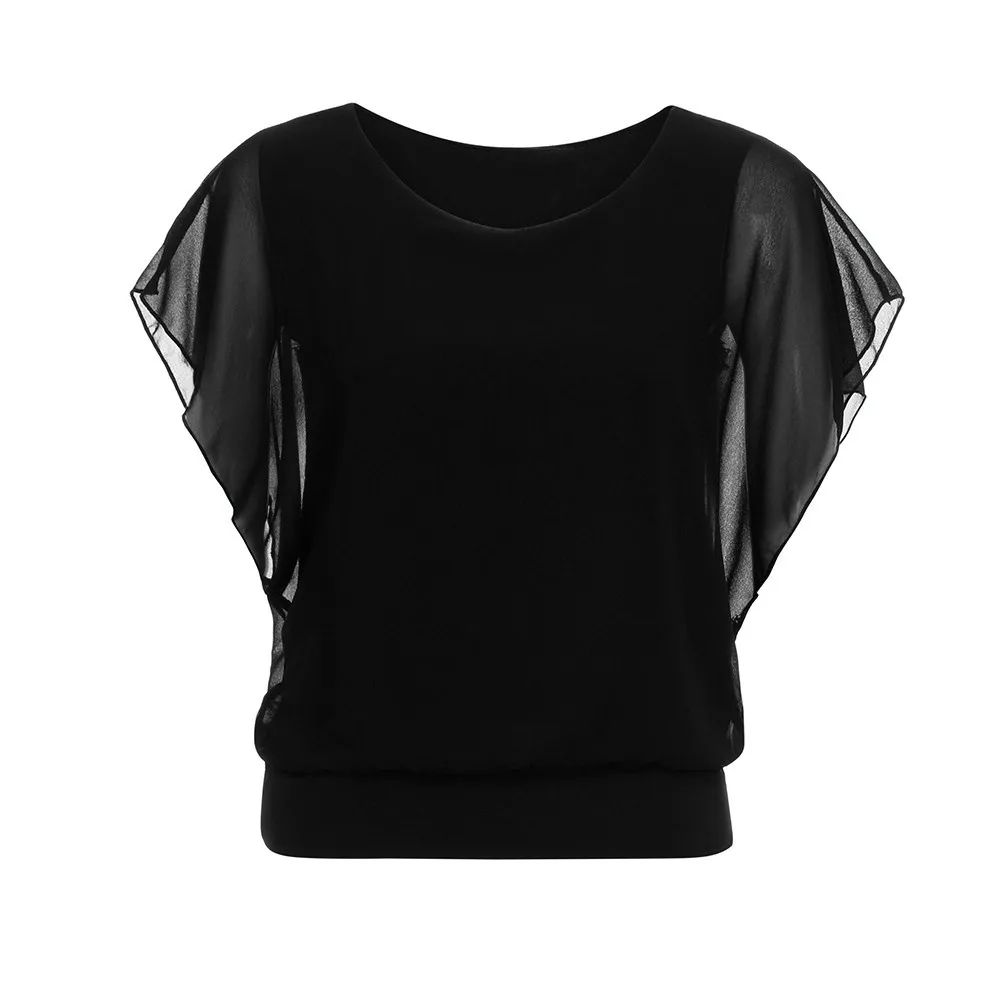 Черный Женская блузка больших размеров, Blusas elegantes de mujer, однотонные повседневные свободные Модные топы из тонкой плотной ткани с круглым вырезом и короткими рукавами «летучая мышь», L* 5 - Цвет: Черный