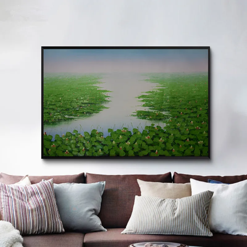 

Hand painted canvas oil paintings Landscape Green lotus Wall art picture for living room Home decorative Abstract oil painting