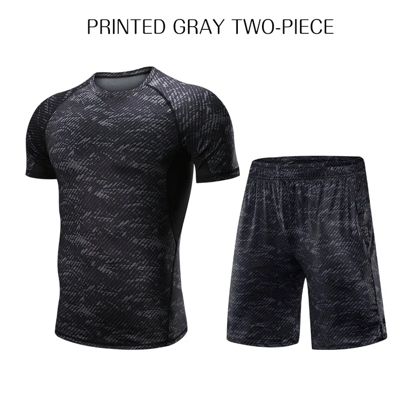 1 Printed Gray Стоящая 2 шт./компл. спортивный костюм Для мужчин Сжатие беговые костюм для бега от одного года до четырех лет футболка штаны для спортзала, Фитнес тренировки колготки комплект - Цвет: 1 Printed Gray