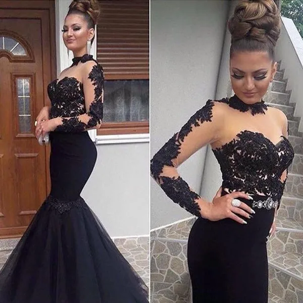 

Mother of the Bride Dress Sexy Black Mermaid Trumpet High Neck Long Sleeves Sheer Party Evening Dress Gowns Abaya Design