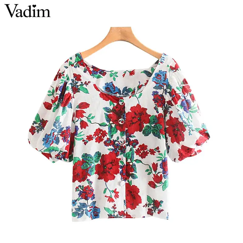 Vadim women floral print blouse half sleeve button design square collar shirts casual retro chic female blusas tops DA476 |