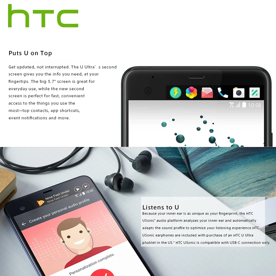 Горячая Распродажа, мобильный телефон htc U Ultra LTE, две sim-карты, 4 ГБ, 64 ГБ, четырехъядерный процессор Snapdragon821, 5,7 дюймов, смартфон на Android 2560x1440px DualView