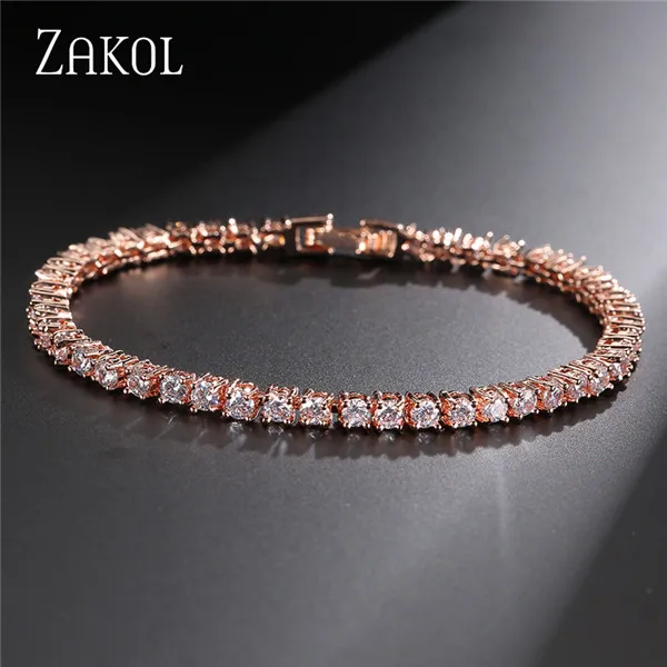 Rose Gold Color Модный Теннисный браслет и браслеты ZAKOL 3 мм с круглой огранкой из кубического циркония, модные ювелирные изделия с кристаллами для женщин/девочек, аксессуары FSBP032 - Окраска металла: Rose Gold Color