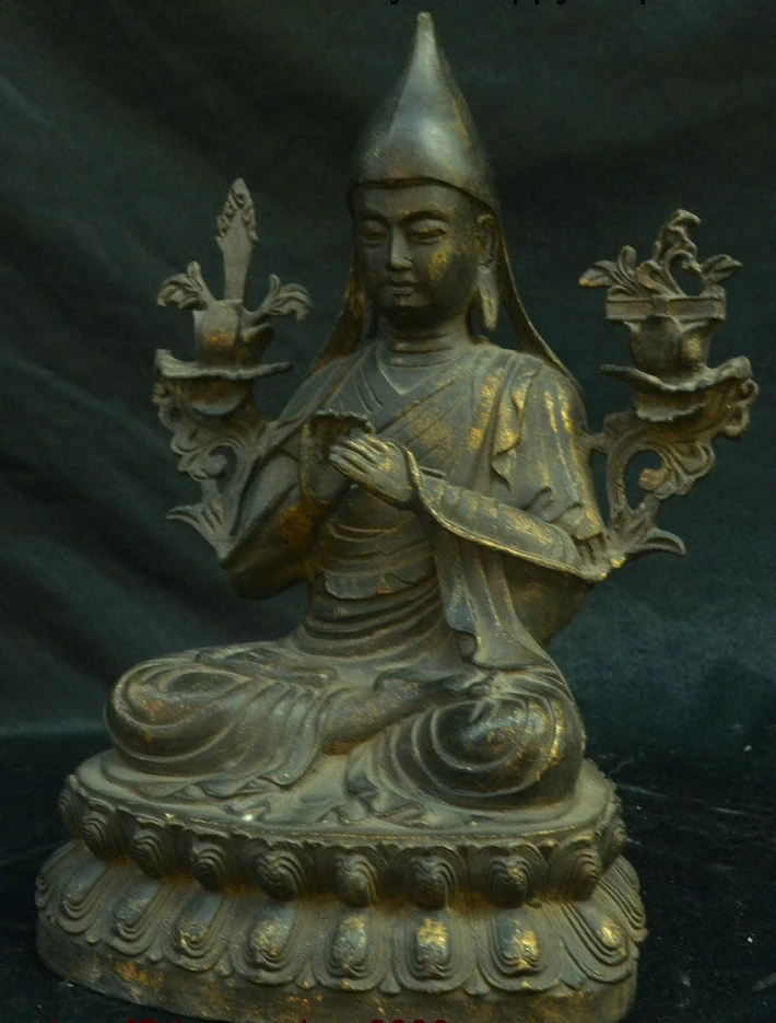 Древнетибетский буддизм Бронзовая позолота Je tsungkhapa Lama Tsong Khapa Будда статуя сидя |