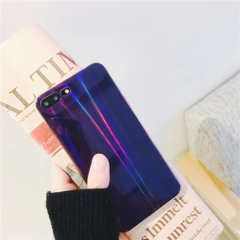 QINUO Blue Purple Holographic High quality Laser Case For iPhone 5 7 8 6S Plus X XS Max XR Soft Silicone Cases Back Cover Funda |
