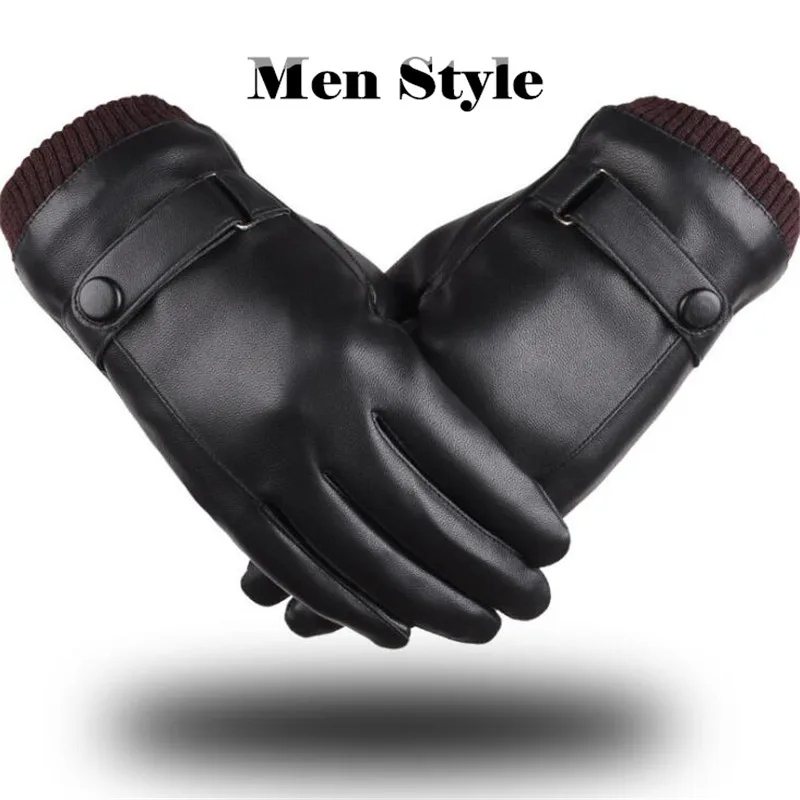 Men style Black 200 p! Мужские и женские зимние плюс коралловые флисовые сохраняющие тепло верхние моющиеся кожаные полиуретановые перчатки, 5 пальцев и цельные перчатки для сенсорного экрана ладони - Цвет: Men style Black
