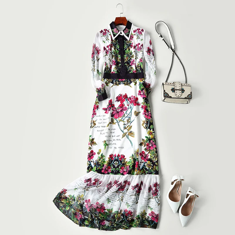 Women's Runway Dresses Turn Down Collar Long Sleeves Printed Beaded Floral Elegant Casual Designer | Женская одежда