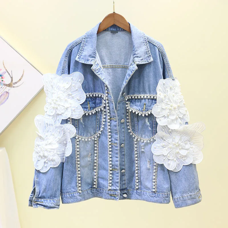 

High Quality Spring Autumn New Denim Jacket for Women's Beading Three-dimensional Flower Jeans Coat Female Casual Outerwear M117