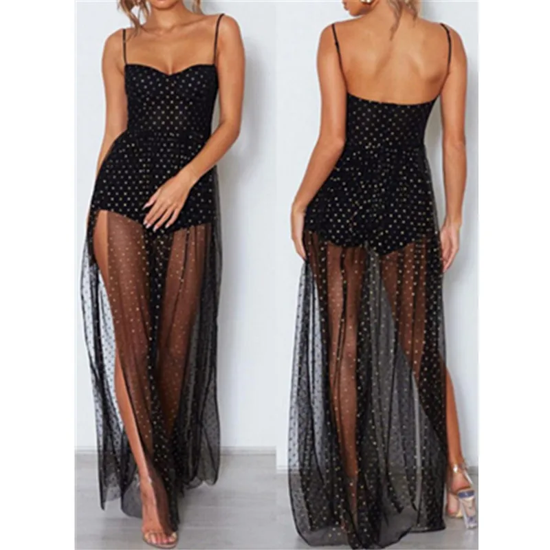 Женское прозрачное Сетчатое платье черное повседневное длинное макси без