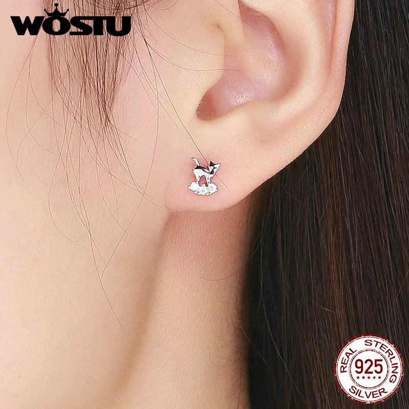 Женские серьги в виде кошек WOSTU из настоящего серебра 925 пробы с кристаллами