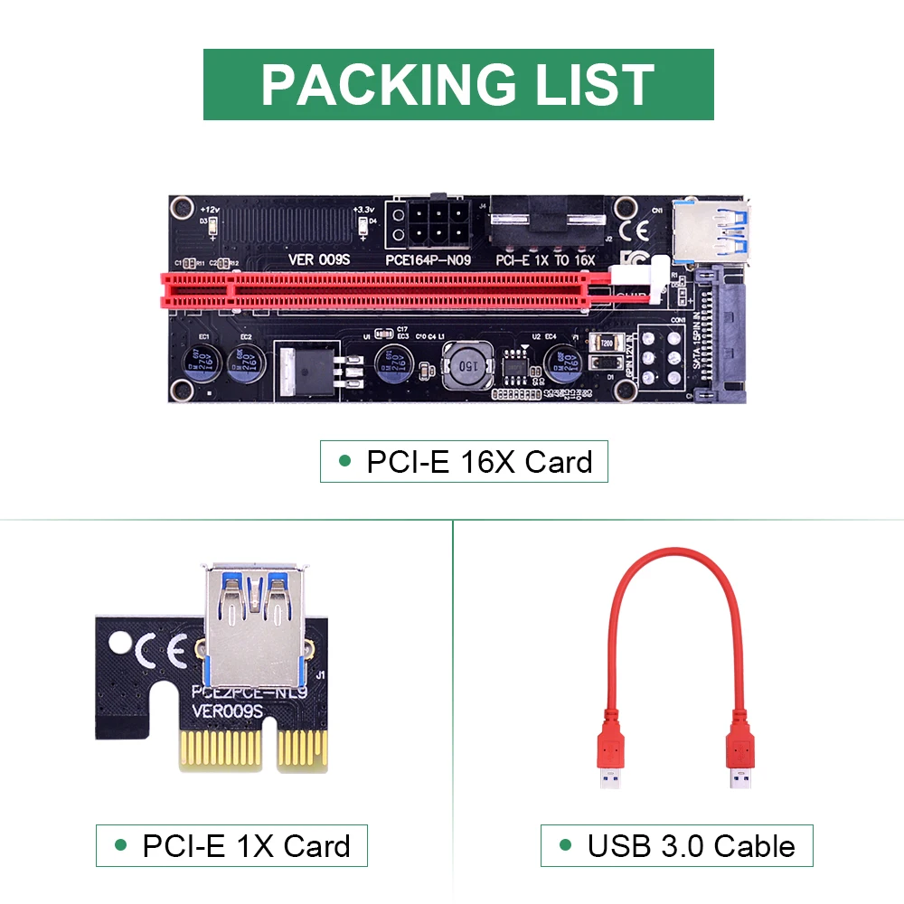 CHIPAL для BTC Биткоин Майнинг двойной светодиодный 009S PCI E Riser Card Express 1X до 16X 4Pin 6Pin SATA