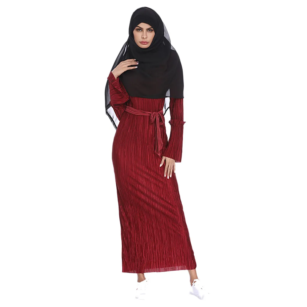 Платье женское плиссированное с поясом пикантный облегающий мусульманский