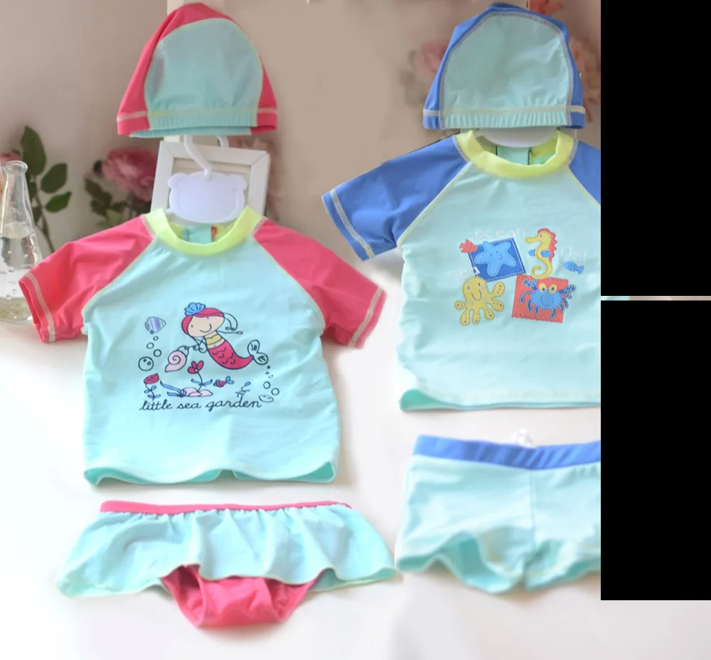 2018 new 1-8yrs Two Pieces Baby Girls Bathing Suits Little Girl Swimsuit with cap Kids Cartoon Mermaid Swimwear Costumes | Спорт и