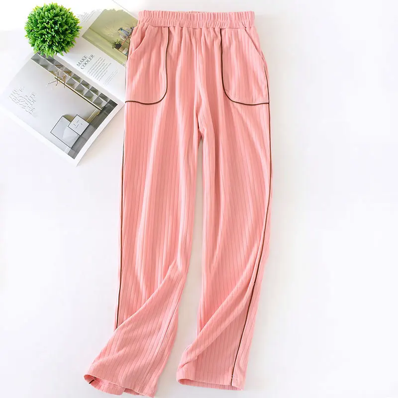 orange pink Хлопковые трикотажные женские штаны для сна, весна и осень, одноцветные полосатые домашние штаны, свободные пижамные штаны большого размера для женщин - Цвет: orange pink