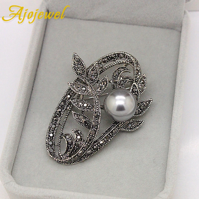 Ajojewel, черные стразы, серые Броши с искусственным жемчугом для женщин, новинка, винтажный стиль, ювелирные изделия, аксессуары, подарки