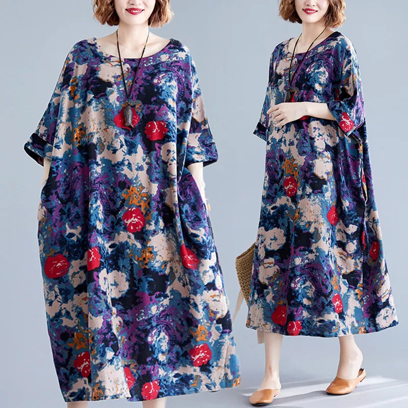 Женское винтажное платье из хлопка и льна Элегантное Длинное большого размера 4XL