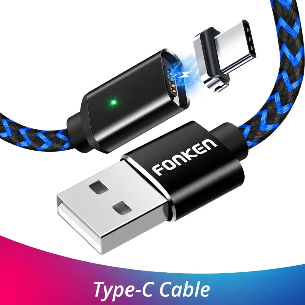 Black Type C Cable Магнитный кабель FONKEN usb type-C, 2 м, 2,4 А, магнитные usb-кабели для телефонов, быстрое зарядное устройство, USB type-C, зарядный провод, светодиодный шнур для зарядки мобильных телефонов - Цвет: Black Type C Cable