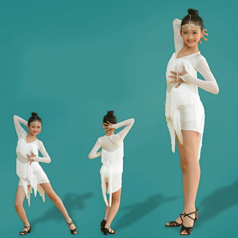 

Girls Kids Stage Tassels Competition Long Sleeve Stage Dancewear Costumes Latin Dance Dress Practice Party Dancing Dress DQS1739