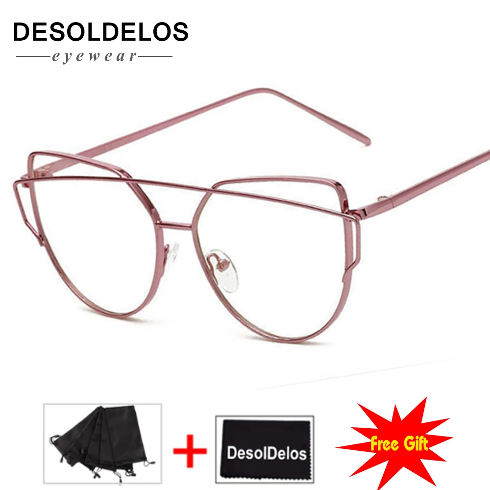 

Hot 2019 Newest Cat Eye Glasses Frame Women Brand Designer Twin-Beams Metal Eyeglasses Frame Clear Fashion Glasses Drop Ship