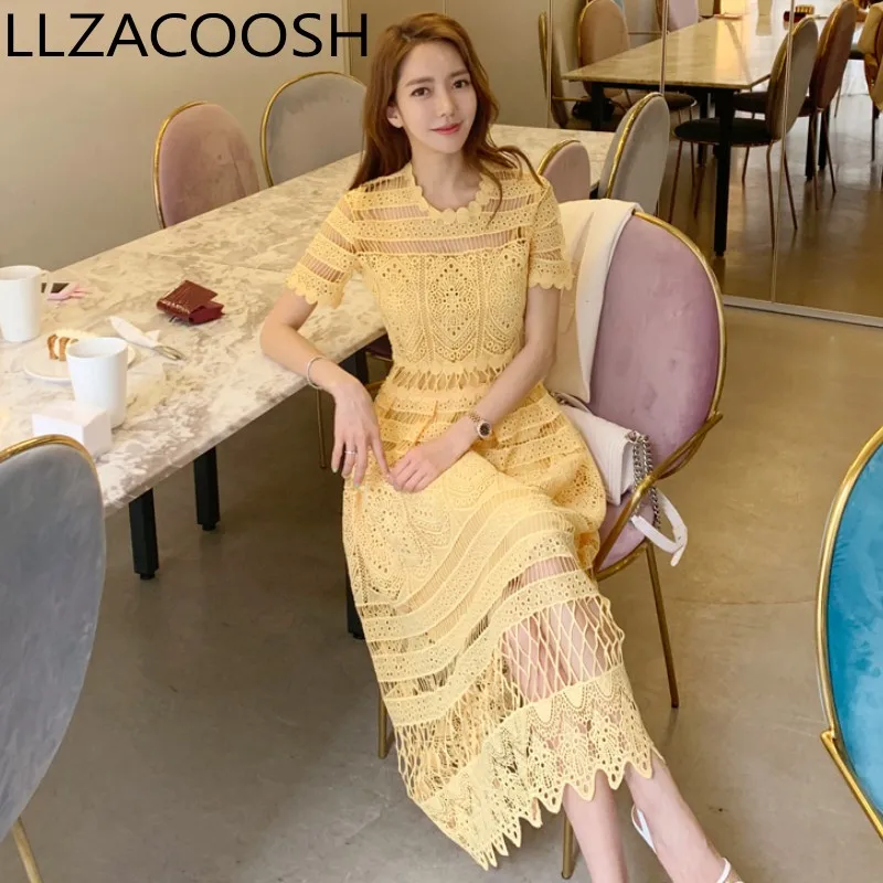 Vestidos De Verano Mujer 2019 Women's New Korean Temperament Lace Openwork Waist Large Swing Light Yellow Dress Sukienka Letnia