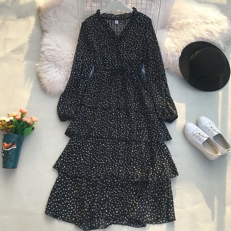 mid-calf Women Dress Ruffles Print Polka Dot vintage Bodycon Beach Female Full Sleeve Summer Party 2019 Dresses Vestidos | Женская