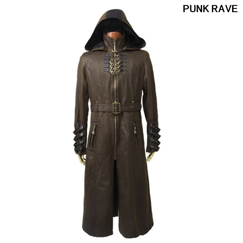 Kopen Gothic Mode Knappe Met Hoed Hoodle Jas Punk Man Koffie Donker Twill Lange Jas Punk Rave Y-550