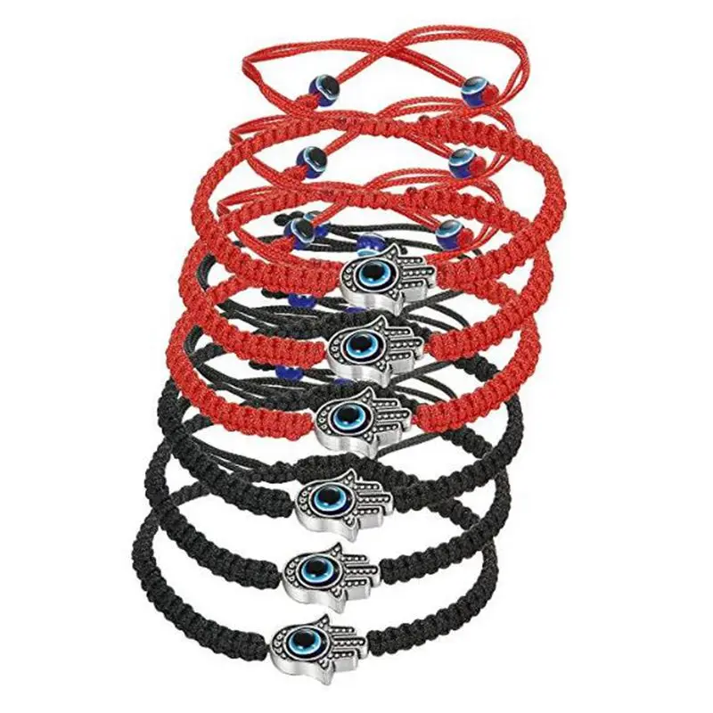 

LOYALLOOK 6pcs Braided String Kabbalah Bracelets Rotating Evil Eye Hamsa Hand For Protection Bracelet Red/Black String C-021