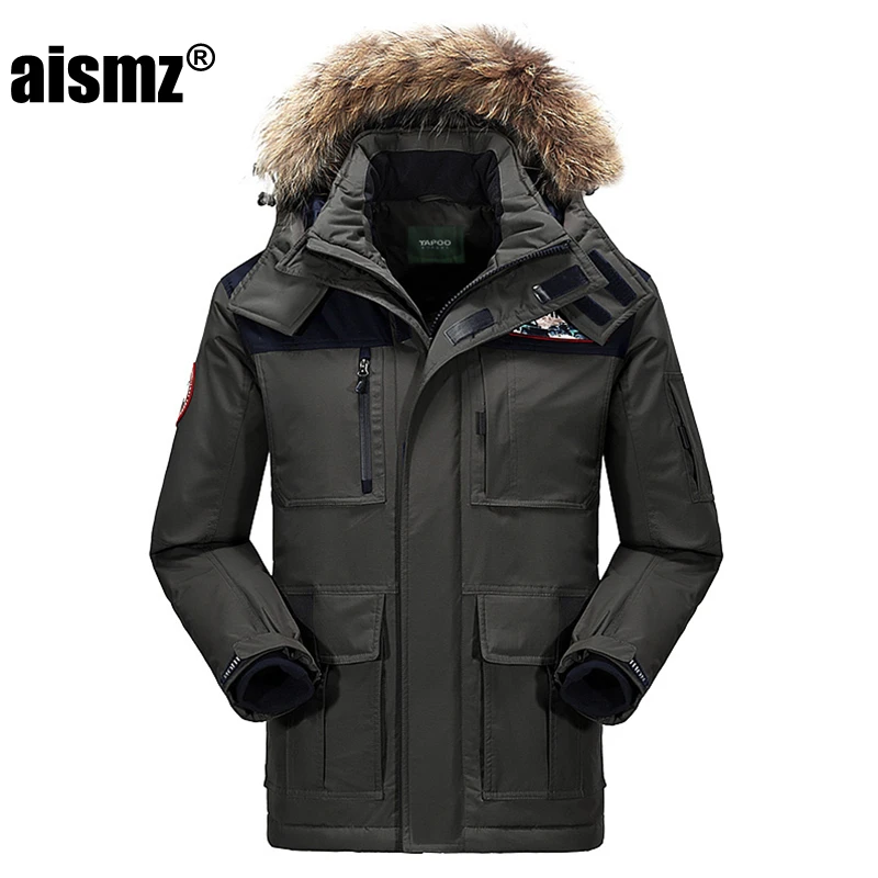 Aismz новая зимняя куртка на 80% утином пуху, мужские зимние пальто с меховым воротником, толстая ветровка, мужские парки, теплое плотное пальто