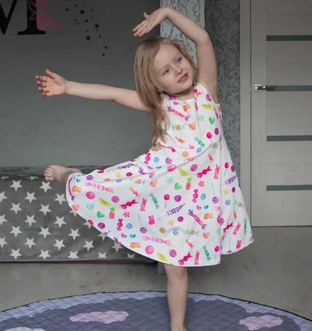 cute Summer Kids Cartoon icecream Print Children Sleeveless Clothes Girl A-line Dress Birthday Party Princess Dresses | Детская одежда