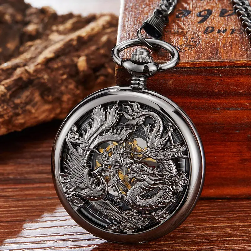 Винтажные черные механические карманные часы Dragon Phoenix с ручным заводом полые Fob