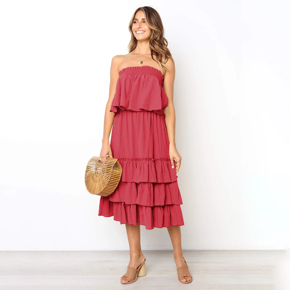 

ELSVIOS Women Cascading Ruffle dress Sexy Strapless Elastic Summer Dress Backless Pleated Party Dress 2 Piece Casual Beach Dress