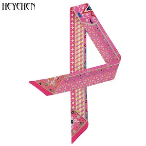 Новый дизайн, роскошный брендовый сетчатый принт, тонкая маленькая сумка, саржевый шелковый шарф, женский элегантный модный шарф с ленточной ручкой для волос