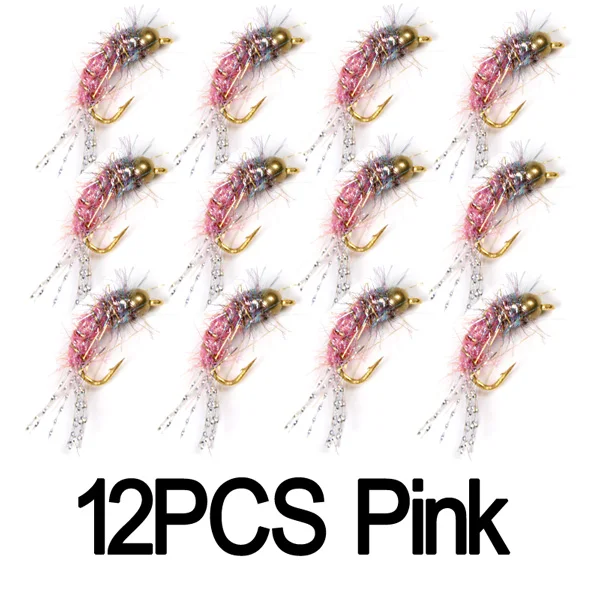 12pcs Pink 12 шт.#12 рыболовные крючки в виде мухи для ловли форели приманки BeadHead Nymphs розовый синий жемчуг оливковый фиолетовый - Цвет: 12pcs Pink