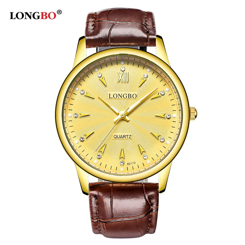 LONGBO Роскошные Кварцевые часы повседневные модные кожаные часы мужские и женские парные часы спортивные аналоговые наручные часы 80119 - Цвет: Men Gold Gold