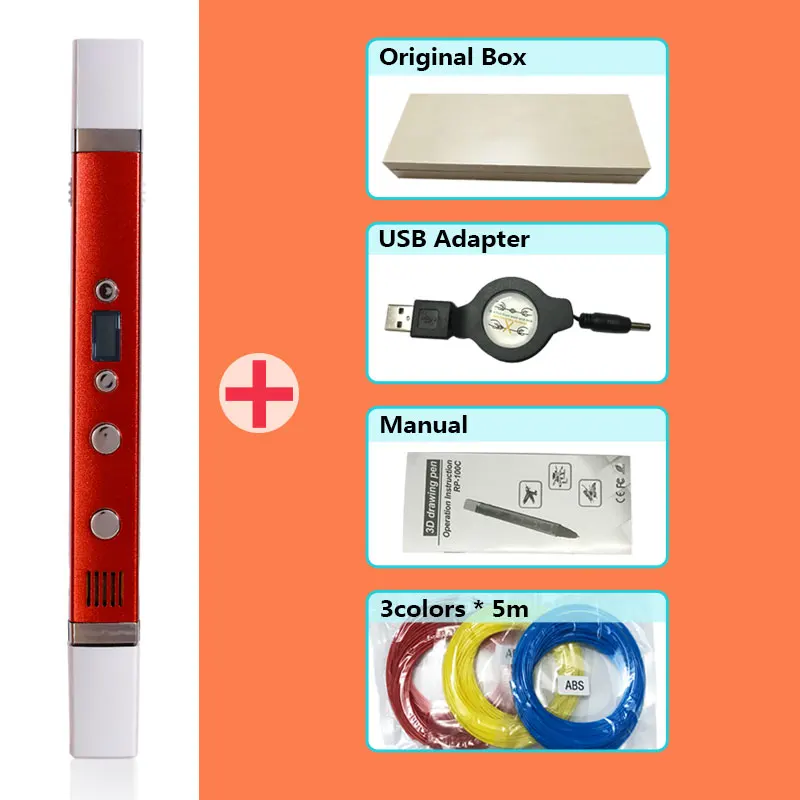 Myriwell 3d Ручка, 3d ручки, светодиодный дисплей, зарядка через usb, 3 d ручка smart3d ручка с принтом, подарок на день рождения, 3d-ручка с 3d принтом - Цвет: Red pen Package 1